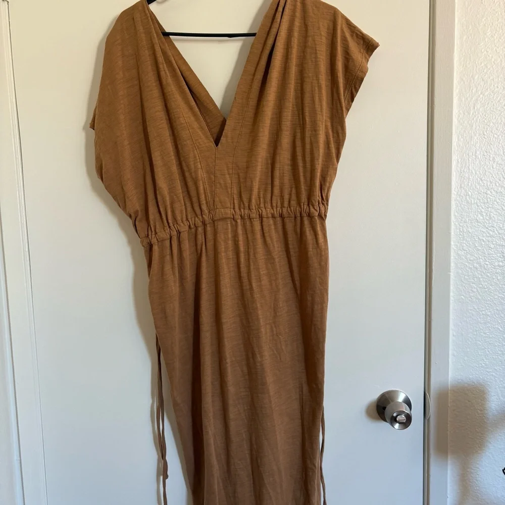 Caraucci Ruched Camel Cotton Women’s Maxi Dress Size S/M Side Tie Lightweight - Picture 3 of 5